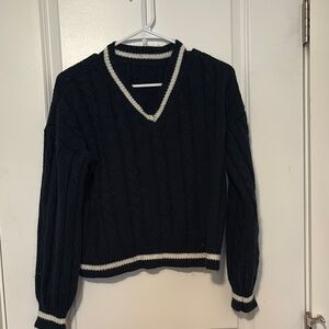 White and Blue V-Neck Sweater with Classic Preppy Style